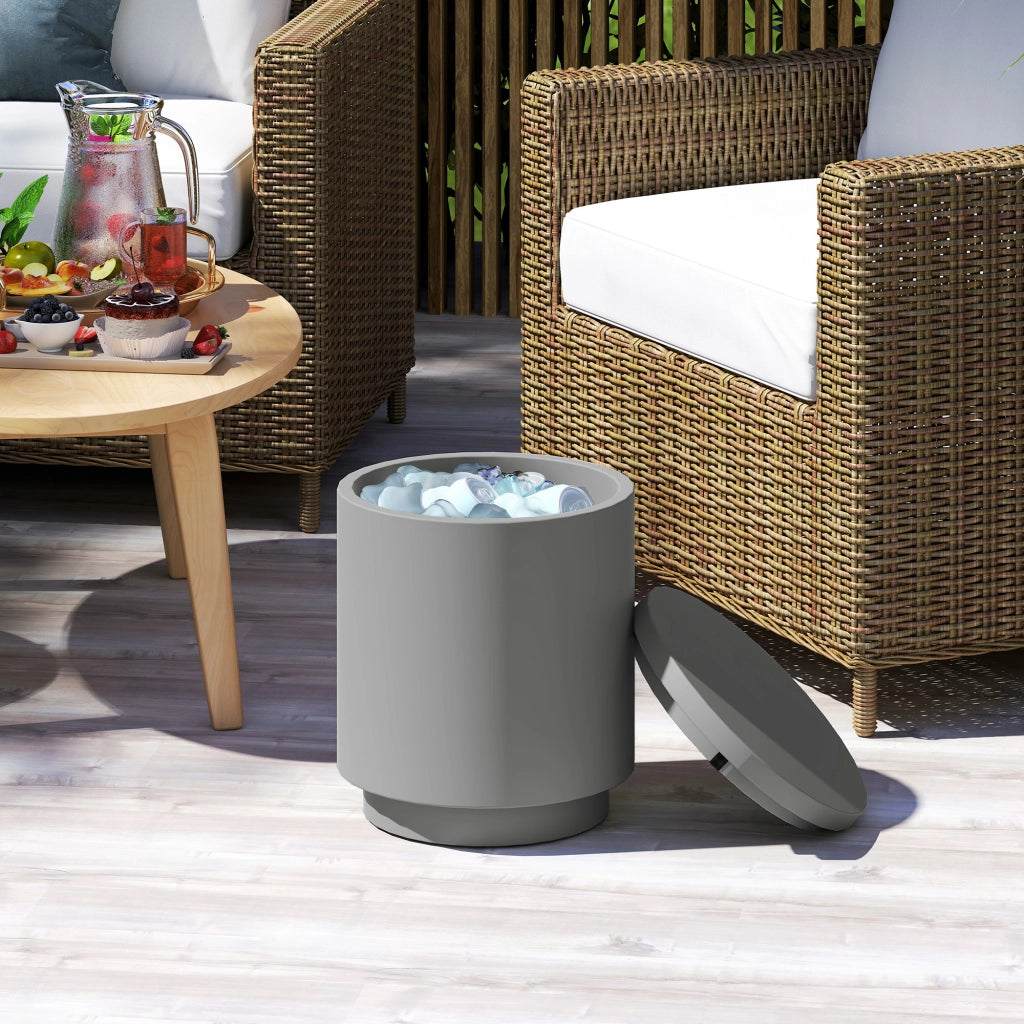 Tavolino Multiuso con Secchiello Ghiaccio e Coperchio, in Cemento e Acciaio Inox, ?37.5x43.5 cm, Grigio Chiaro