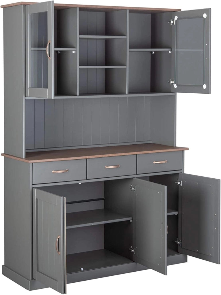 MOBILE SOGGIORNO CREDENZA VETRINA LUZERNA 3+2 ANTE + 3 CASSETTI 131x45x191H PINO MASSELLO VERNICIATO GRIGIO E MARRONE SEPPIA