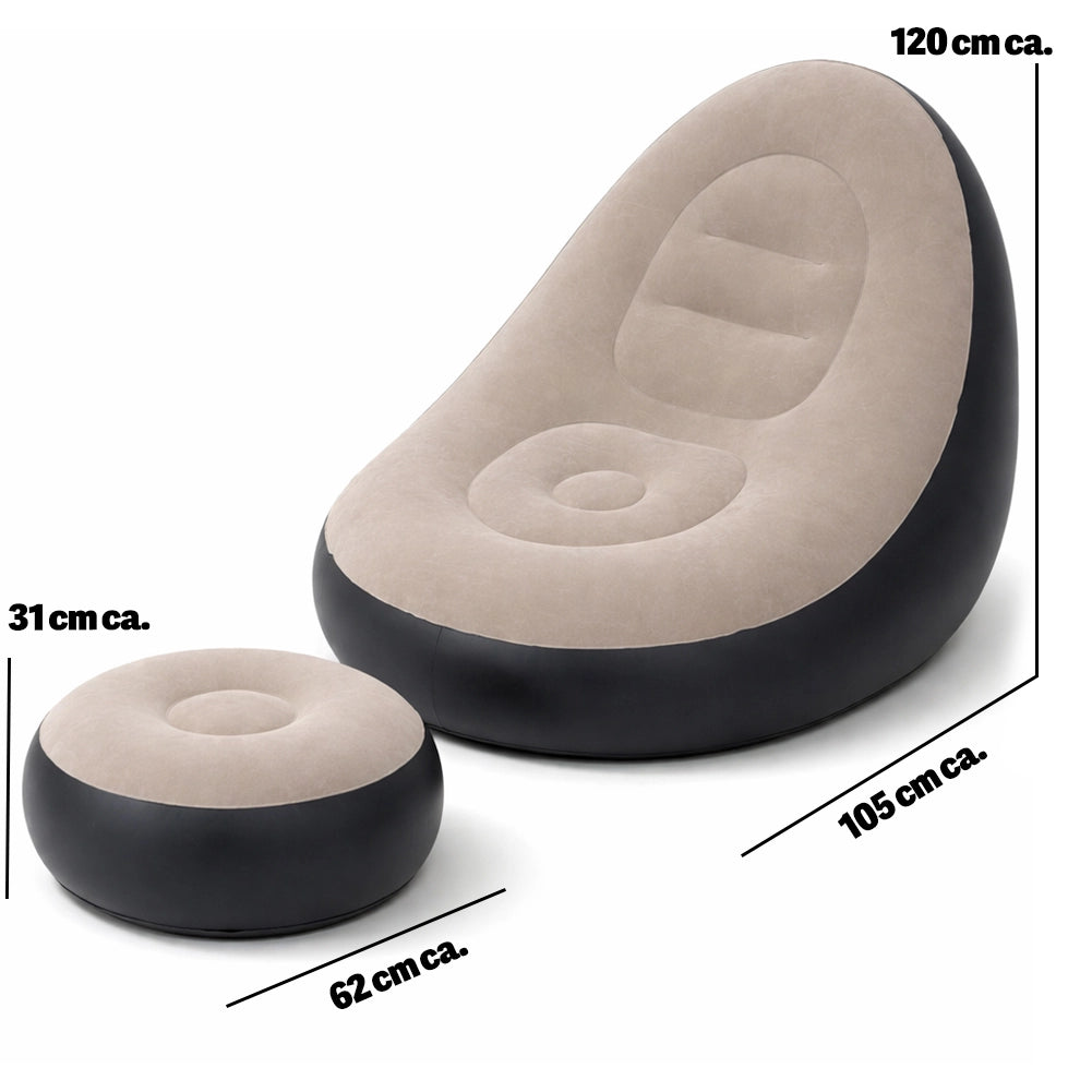 Set Poltrona e Poggiapiedi Gonfiabile Ergonomico Grigio da Esterno ed Interno