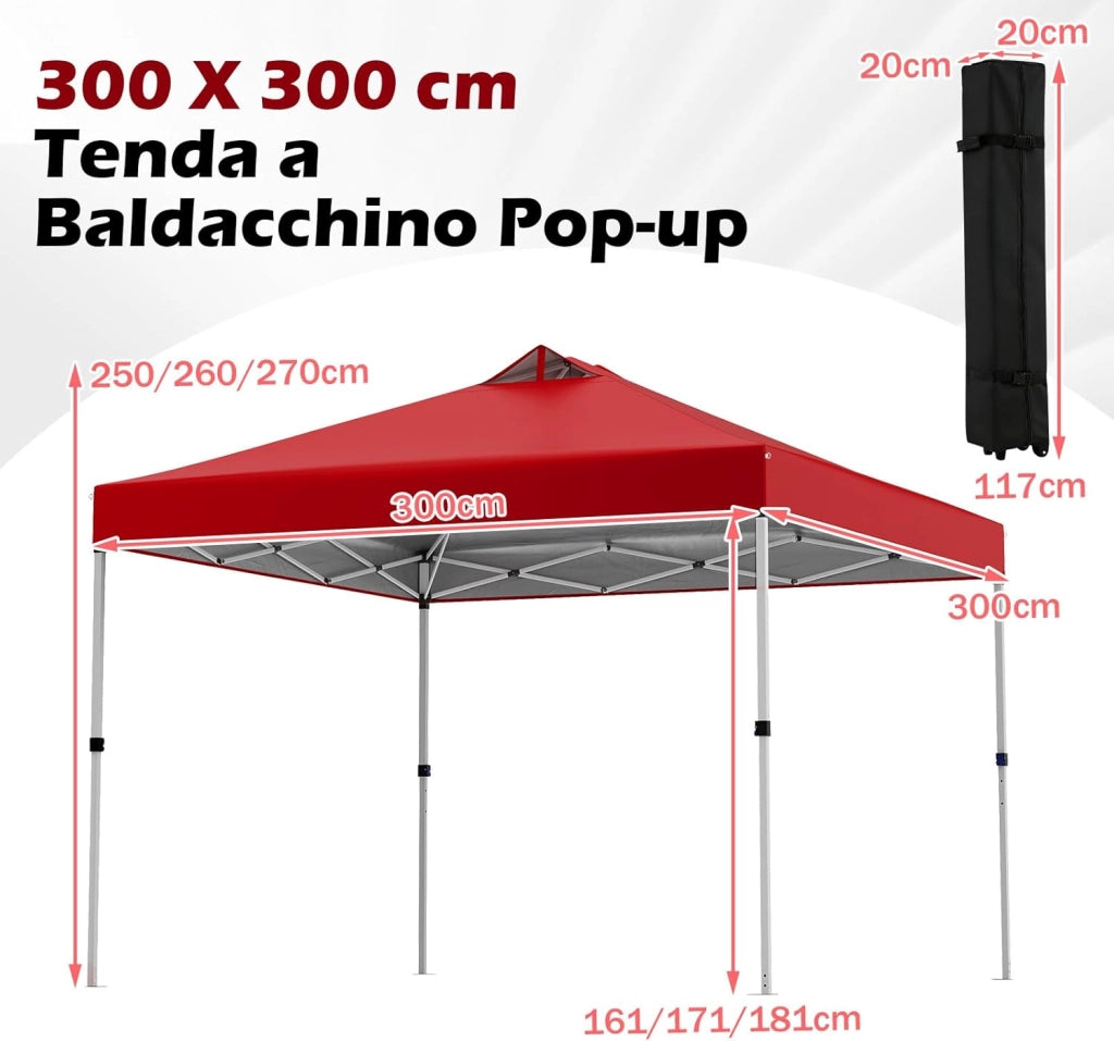 Gazebo Pieghevole Pop-up da 3 x 3 m, Gazebo da Giardino Impermeabile con Blocco Centrale, Borsa da Trasporto, Sacchi di Sabbia e Picchetti, Regolabile in Altezza (Rosso)