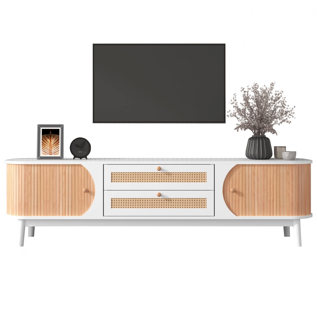 Mobile TV in legno naturale - Zephmum - Con ante e cassetti, finiture in rattan