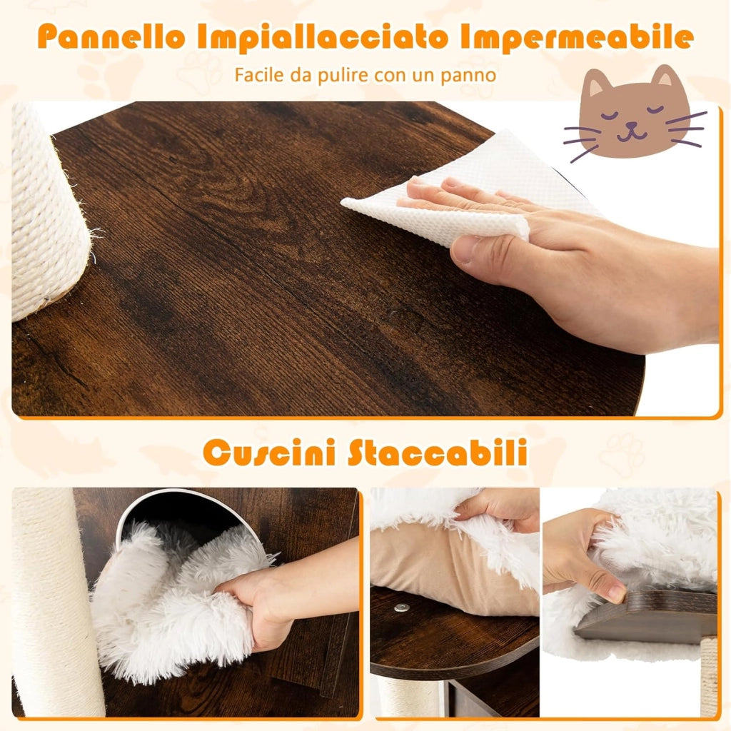 Tiragraffi per Gatti Adulti, Tiragraffi per Gatti con Cuccia, Piattaforma, Cuscini e Tiragraffi, Albero Tiragraffi per Gatti Grandi Alto in Legno, 60 x 60 x 160 cm