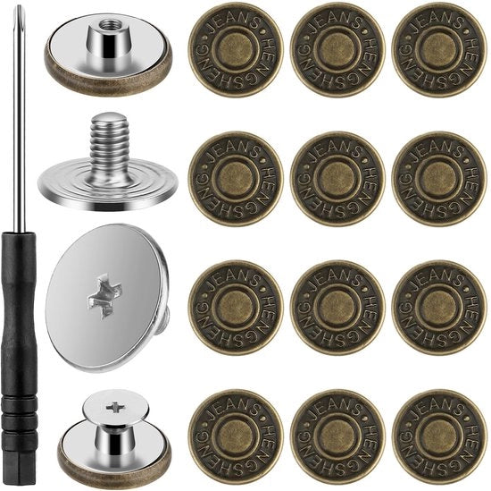 Punti metallici 17mm - Bottone jeans adattabile - Punti di abbigliamento senza ago - Kit di sostituzione e riparazione - Incluso chiave inglese - Laminazione di alta qualità