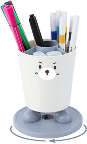 Organizzatore per ufficio per bambini, 360° girevole, con 4 compartimenti, rimovibile e facile da pulire, penne con disegno orso per ufficio, casa e scuola (blu)