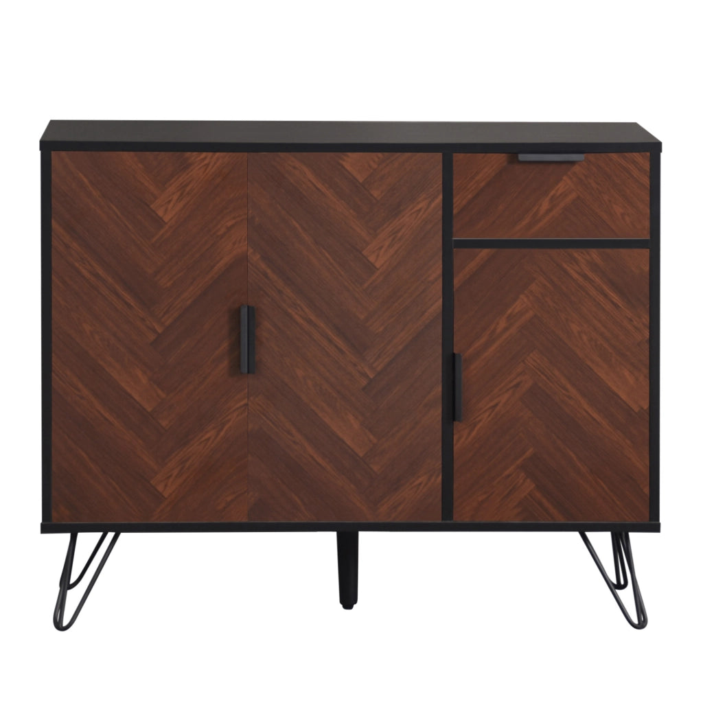Credenza 90x30x71.5 cm con cassetto e ripiani regolabili in MDF e pannello truciolare nero e naturale