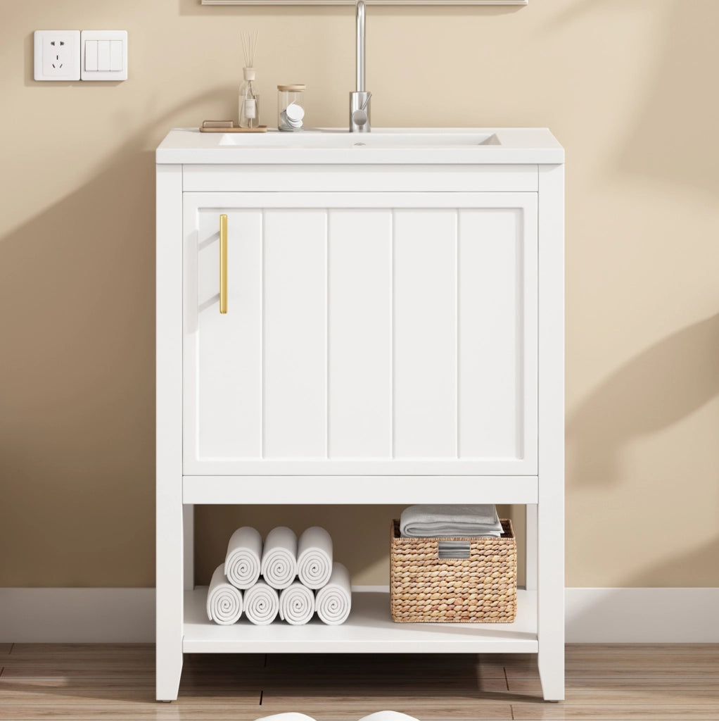 Mobile bagno bianco con lavabo in ceramica; ripiani interni; 61 × 47 × 87 cm