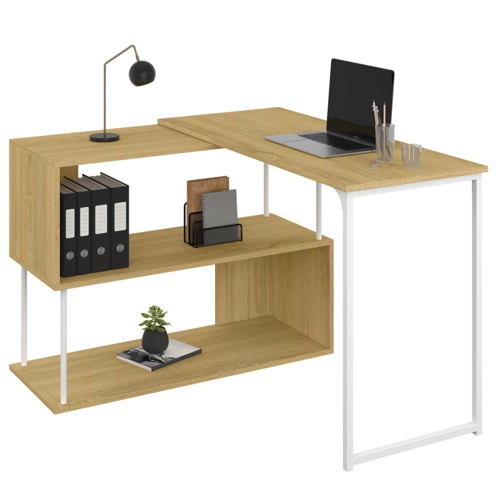 IDMarket - Escritorio esquinero giratorio 180° DETROIT Estantería en forma de S diseño industrial madera y metal blanco