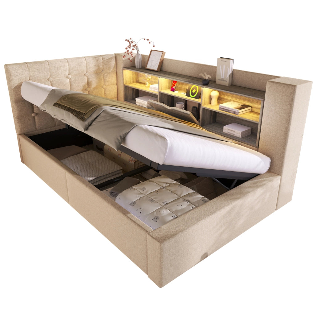 Letto 90x190 cm con LED; contenitore e porte di ricarica in lino beige