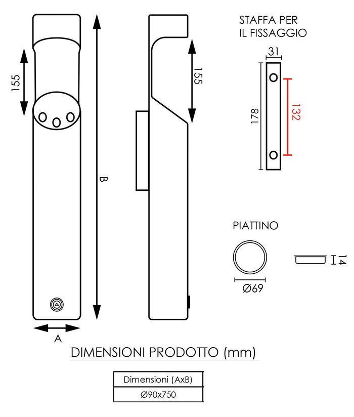 Posacenere da Parete Ø9 cm in Metallo Nero Opaco 3L per Esterno