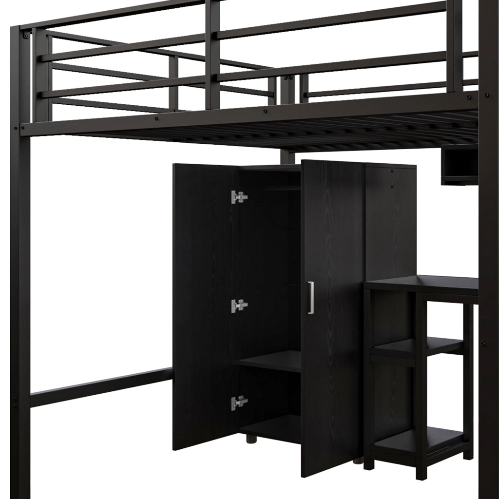 LETTO A CASTELLO 140x200 cm Nero in metallo con scrivania, armadio e ripiani