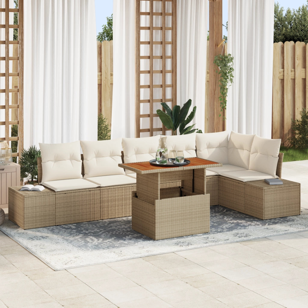 Set di divani da giardino da 7 pezzi con cuscini beige in polyrattan