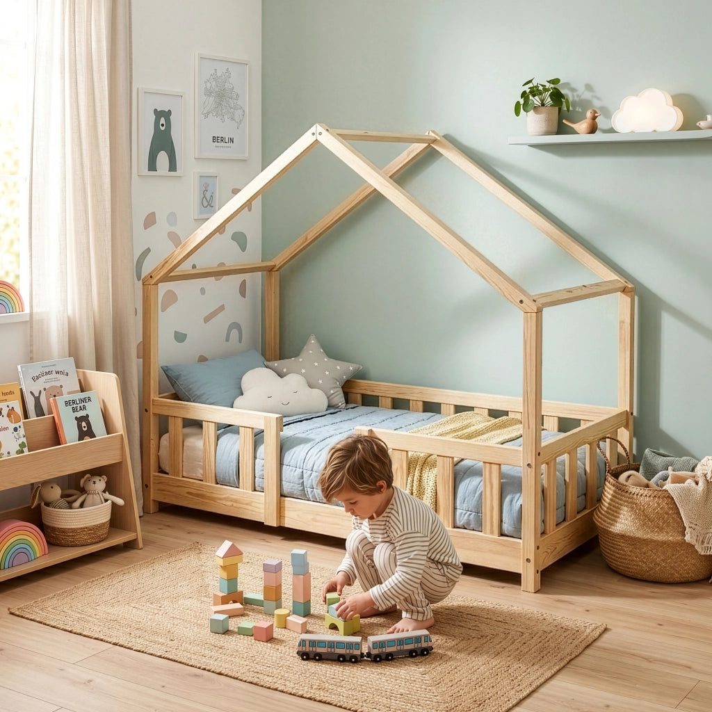 Letto per Cameretta Treviolo a Forma di Casetta in Stile Montessori 70x140 cm Naturale [en.casa]