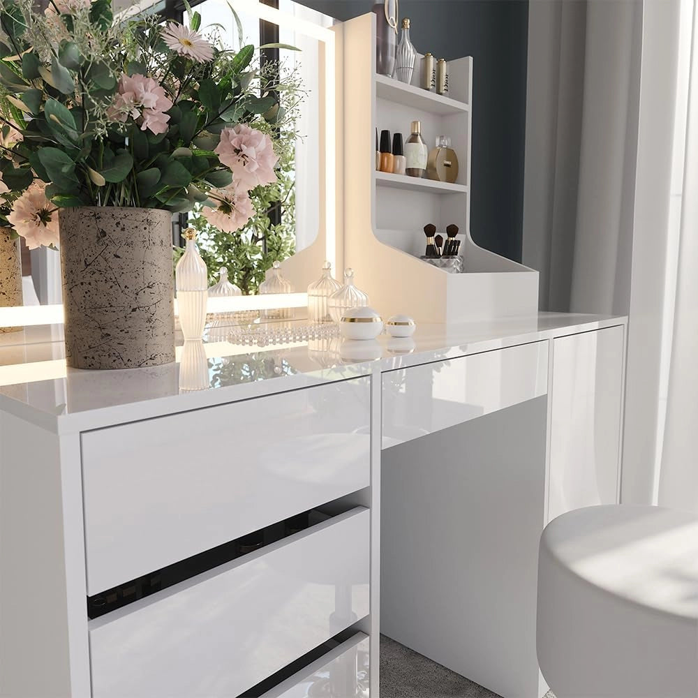 Tavolo da toeletta Sherry, Bianco/bianco lucido, 128.2 cm 4 parti