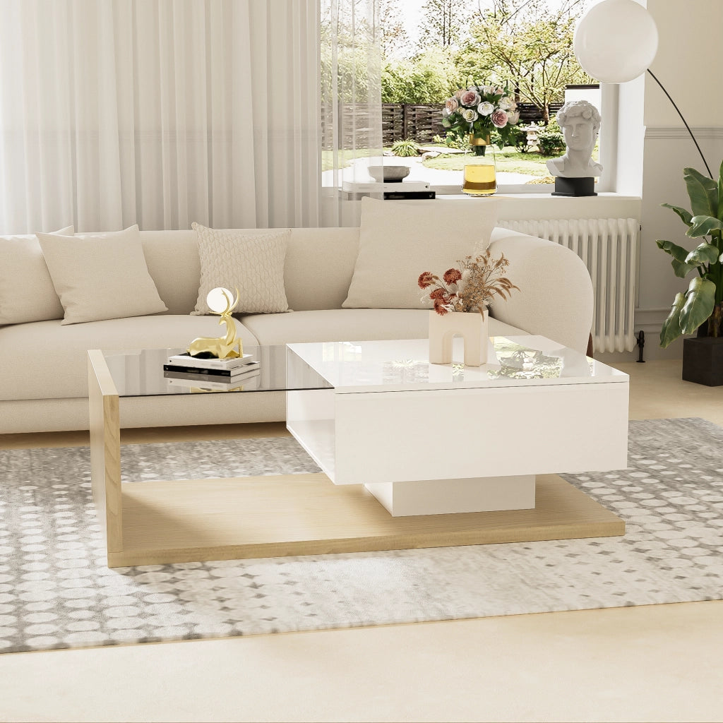 TAVOLINO DA SALOTTO 105x55 cm Bianco lucido e legno con vetro e LED