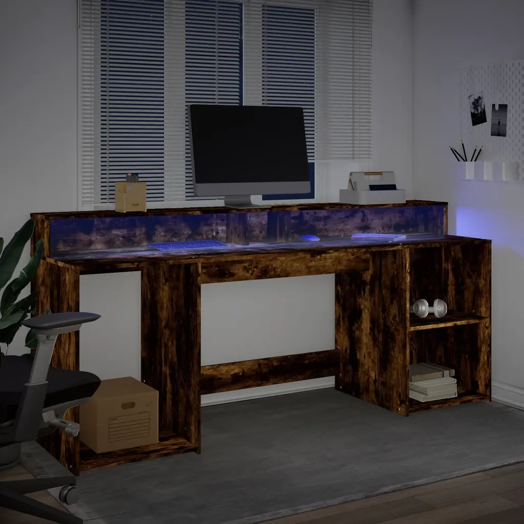 Scrivania con Luci LED Rovere Fumo 200x55x91 cm in Truciolato