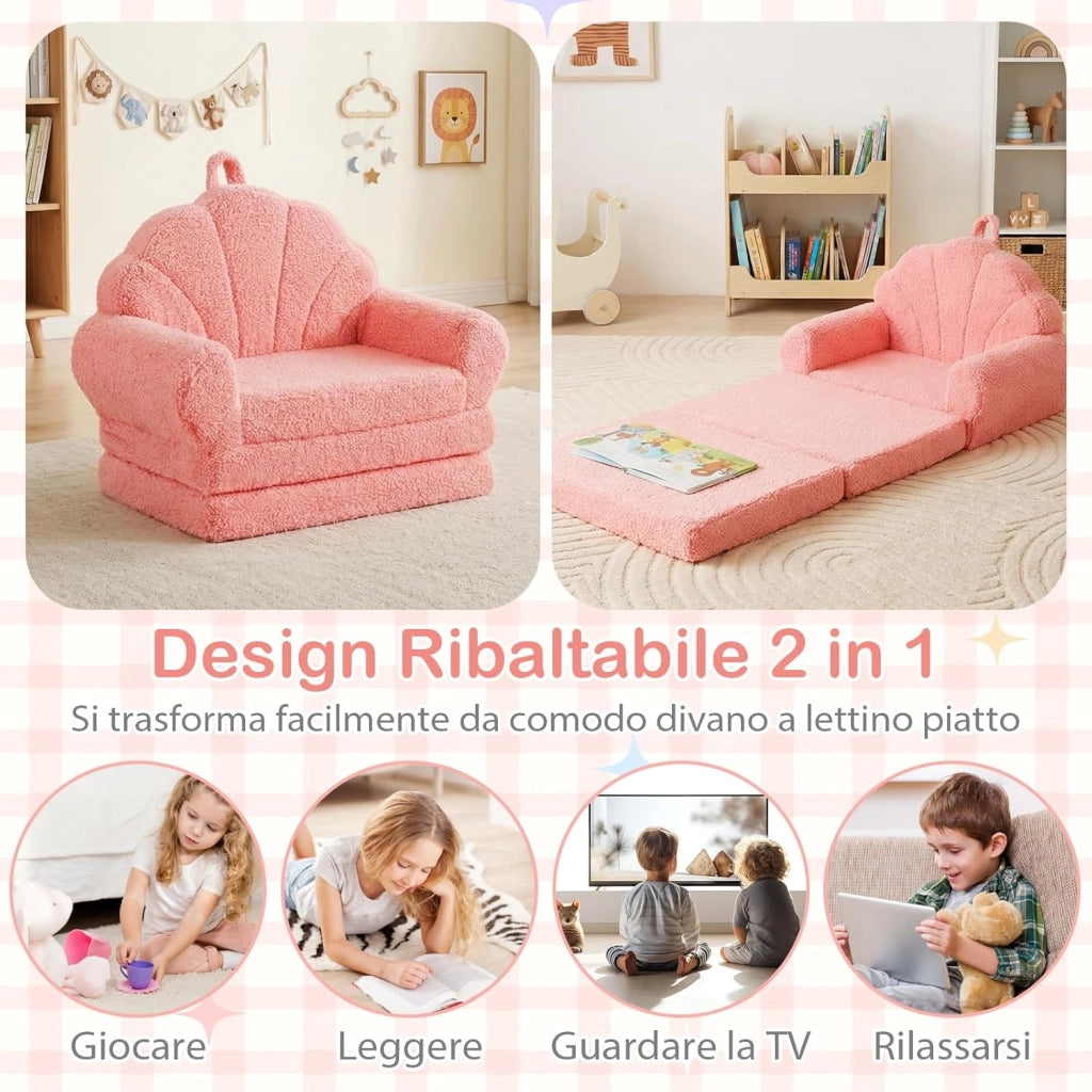Divano Pieghevole per Bambini, Divanetto Trasformabile 2 in 1 con Rivestimento in Tessuto Morbido e Fondo Antiscivolo, Poltrona Letto Comodo per Bambini per Camere da Letto e Soggiorno (Rosa)