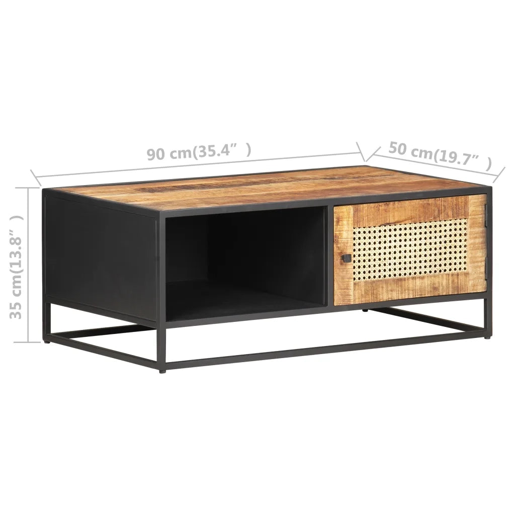 Tavolino da Salotto-Tavolino da soggiorno-Tavolo 90x50x35 cm Legno di Mango Grezzo e Canna