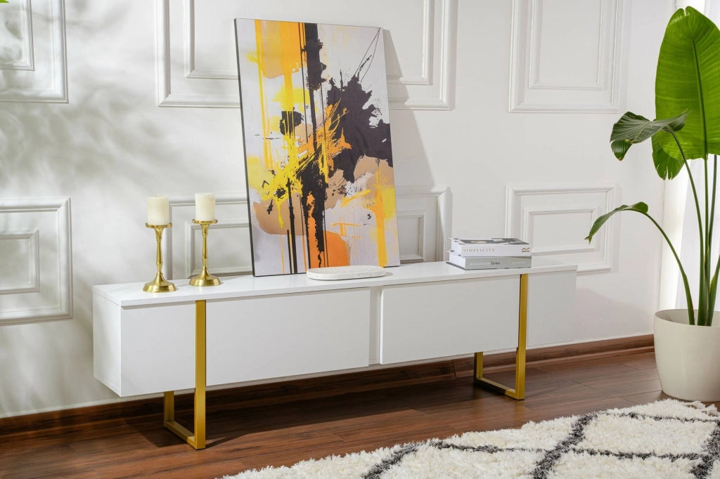 Mobile porta TV Lilith, Credenza da soggiorno, Armadio basso per TV, Base parete attrezzata, 180x30 h50 cm, Bianco e Oro