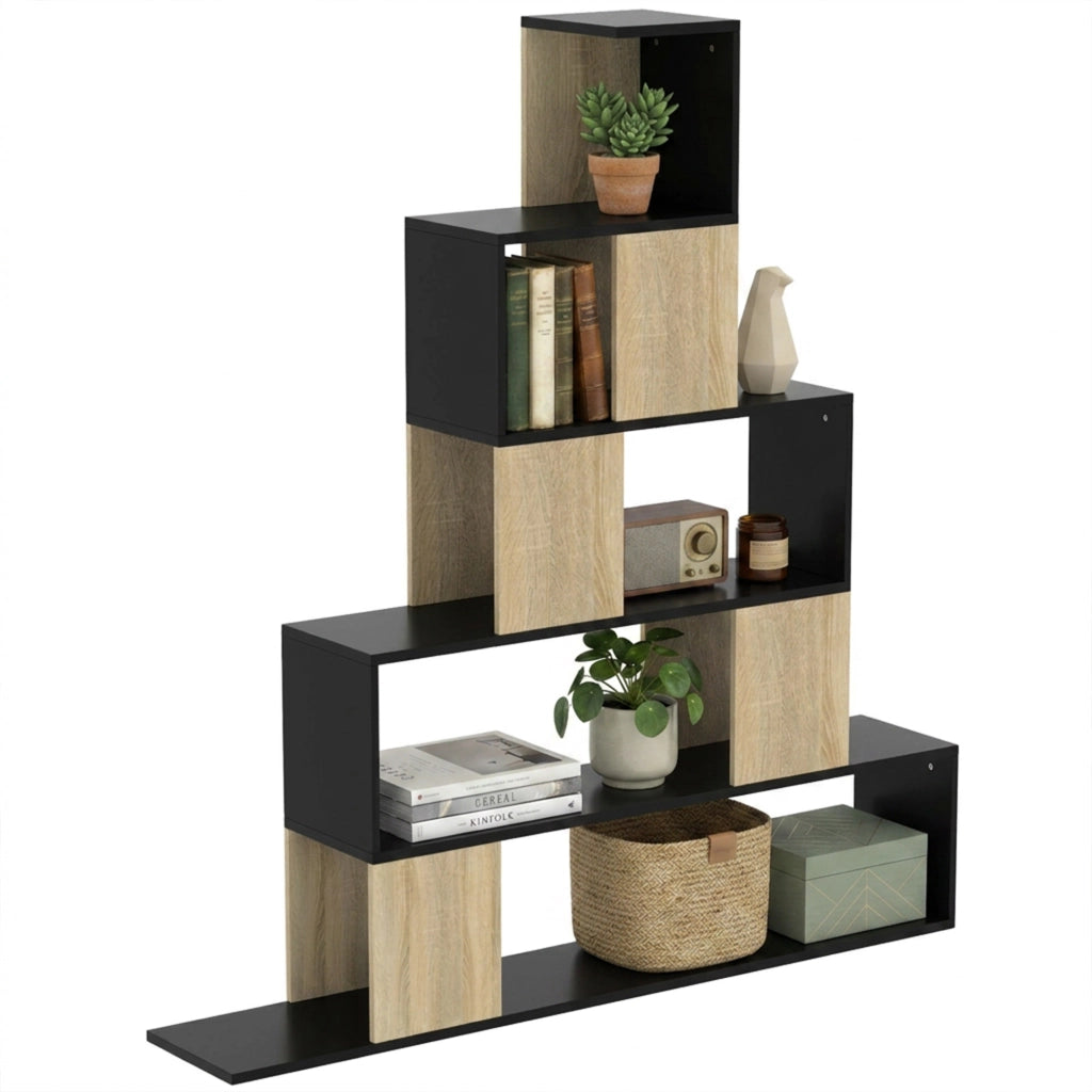 Libreria geometrica 5 livelli ¨C Xylo ¨C legno naturale e nero, scaffale per soggiorno ufficio camera