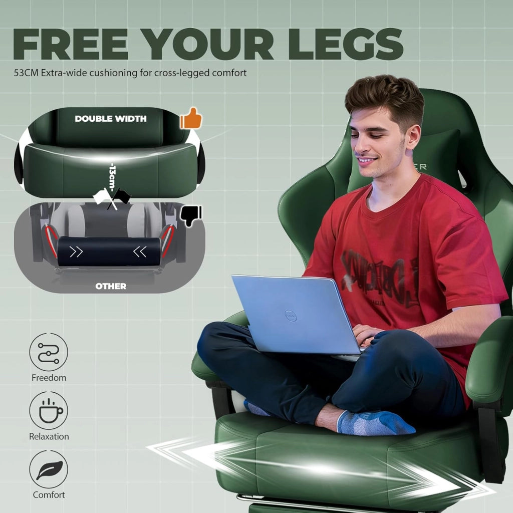 Sedia da gioco, traspirante, sedia da ufficio, ergonomica, in tessuto di alta qualità, ergonomica, schienale regolabile a 160°, poggiapiedi estraibile,carico 180 kg,verde