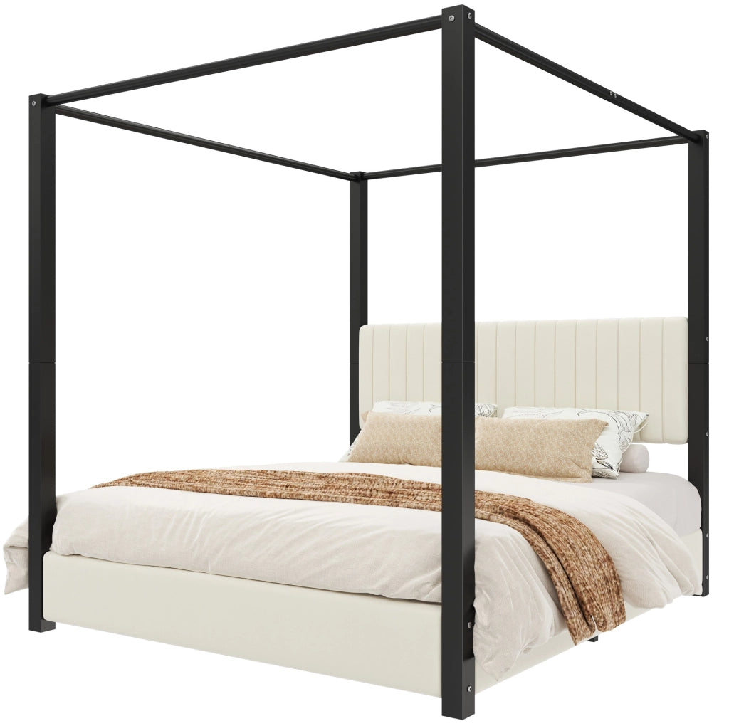 Letto a baldacchino imbottito 180x200 cm in velluto beige e nero con struttura in metallo