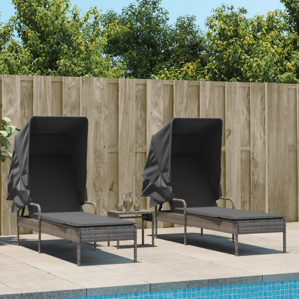 Lettini Prendisole 2 pz | Sdraio da giardino | Lettino da sole con Baldacchino e Tavolino Polyrattan