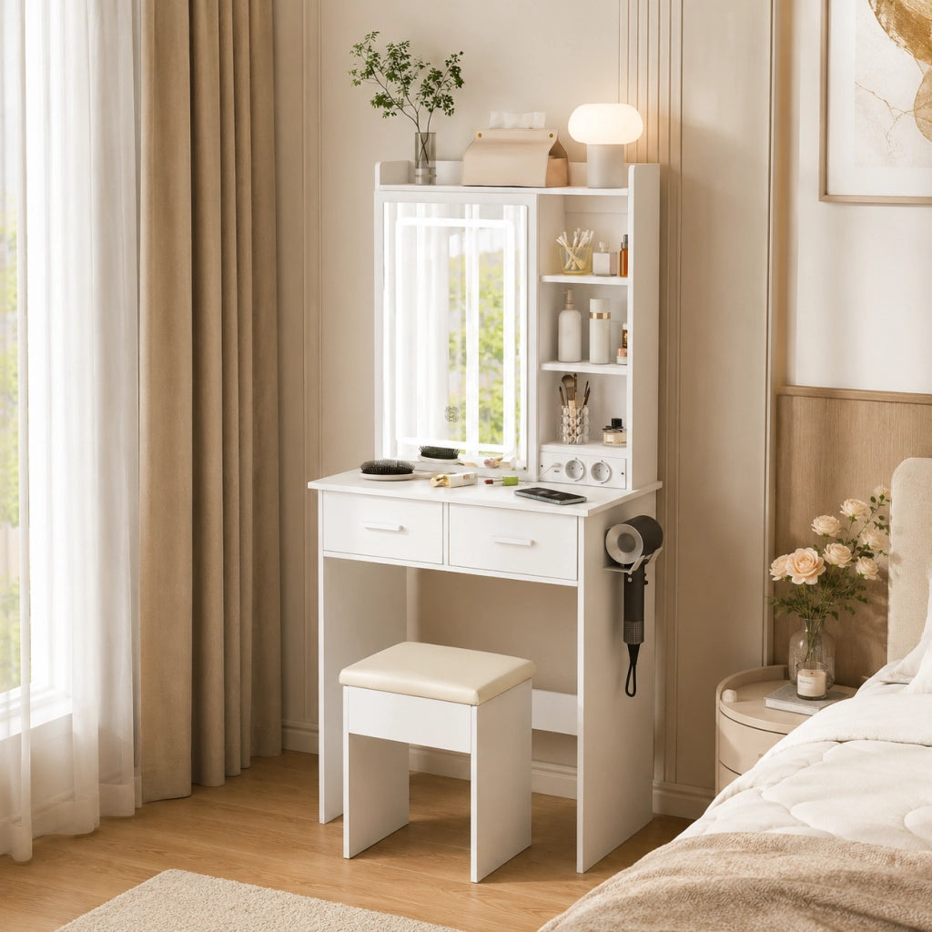 Tavolo da trucco con illuminazione LED regolabile; sgabello imbottito; MDF bianco
