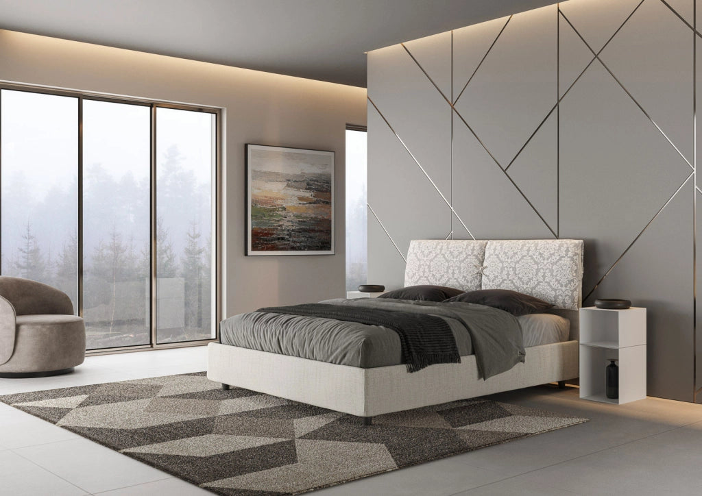 Letto Matrimoniale 160x210 cm con Rete e Contenitore con Testata e Alzata Comoda Imbottito in Tessuto Agata Mados Bianco
