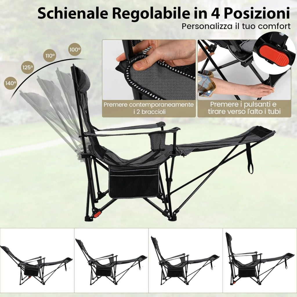 Sedia da Campeggio con Poggiapiedi Rimovibile, Poltrona Pieghevole con Schinale Reclinabile, Braccioli e Portabicchieri, Portata 150 kg, Sdraio in Testtuto Oxford per Giardino Spiaggia(Grigio)