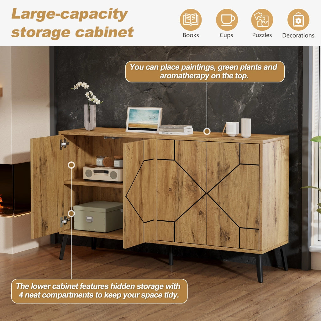 Credenza e madia con 4 ante e 4 vani, chiusura push-open, per soggiorno e cucina, in MDF, naturale, 120 × 35 × 69 cm