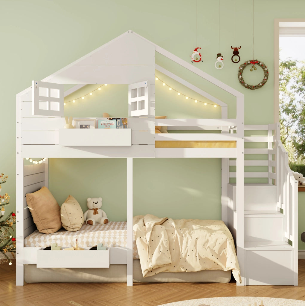 Letto a castello con scala contenitore e finestra; pino e MDF; per materasso 90x200 cm; bianco