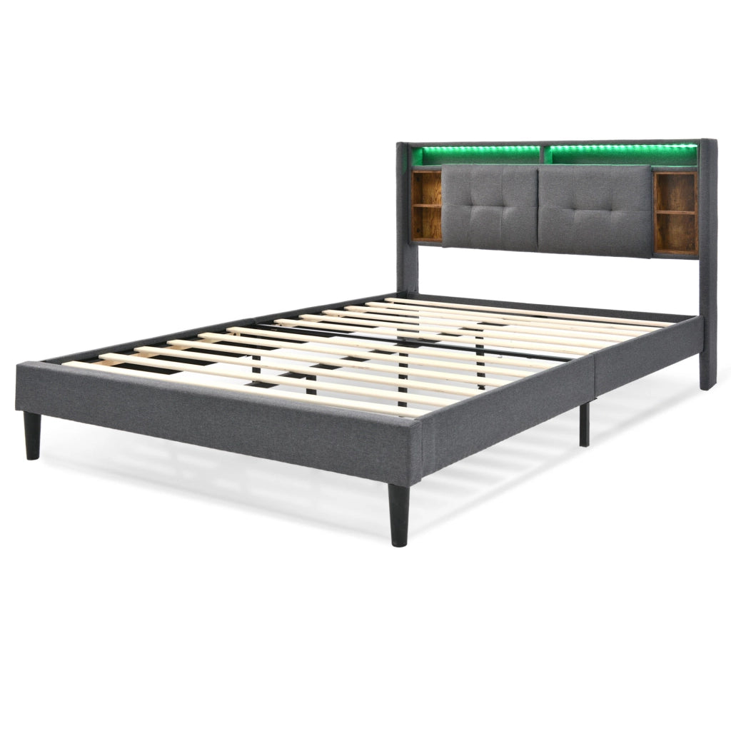 Letto imbottito matrimoniale 140x200 cm grigio con testiera contenitore, LED, USB e prese elettriche, struttura in legno massello e metallo