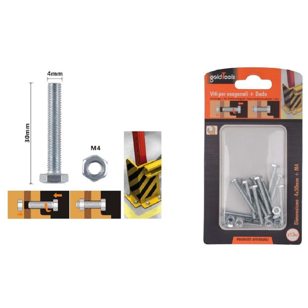 Trade Shop - Set 13pz Vite Viti Per Esterno A Testa Esagonali 4 X 30mm Con Dadi Dado M4 90906 -
