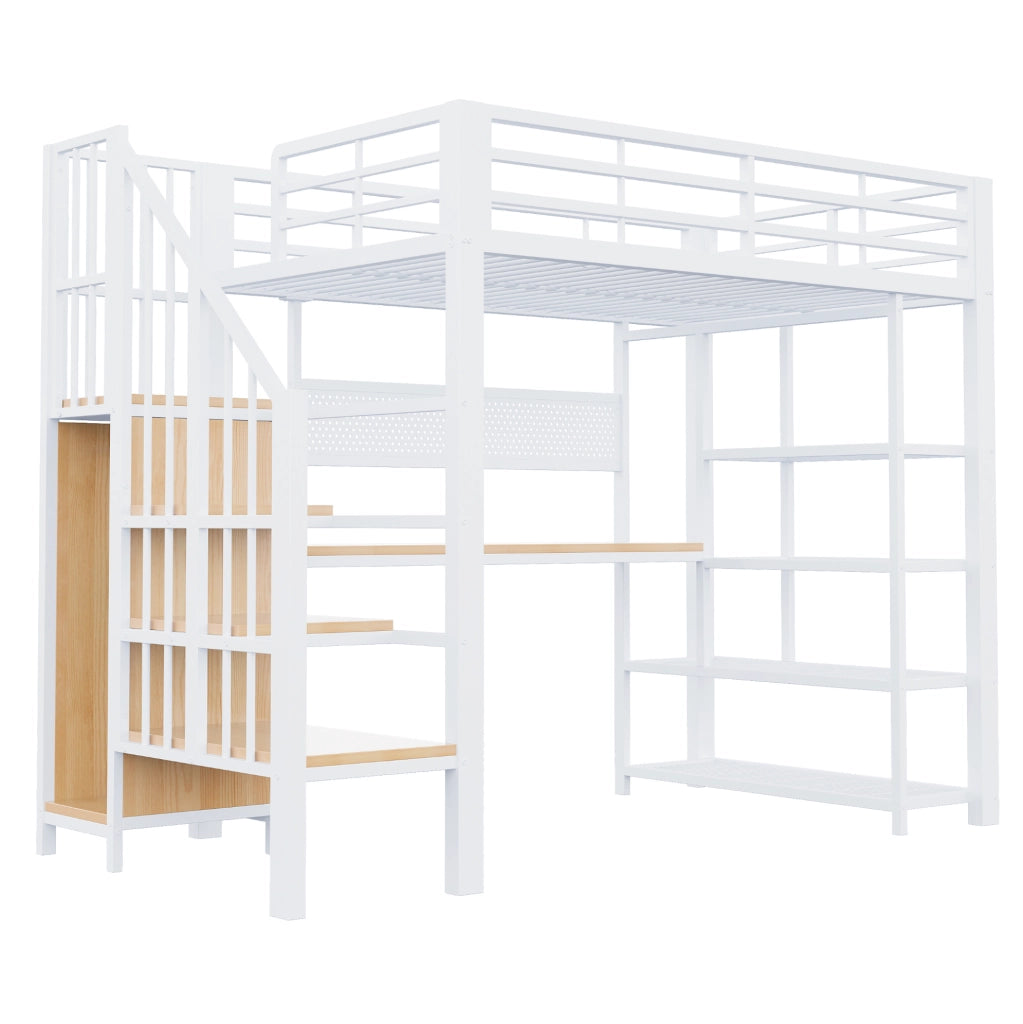 Letto a soppalco 90x200 cm con scala contenitore; LED e prese in metallo e legno bianco