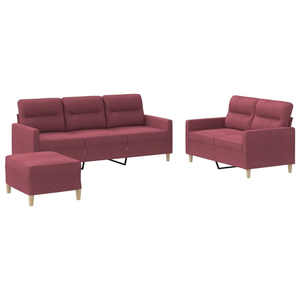 Set di Divani 3 pz con Cuscini Rosso Vino in Tessuto