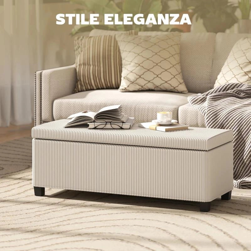 PANCA FONDO LETTO CON SPAZIO CONTENITORE DA 84L, IN TESSUTO EFFETTO VELLUTO A COSTE E ACCIAIO, 112X42X40 CM, BEIGE
