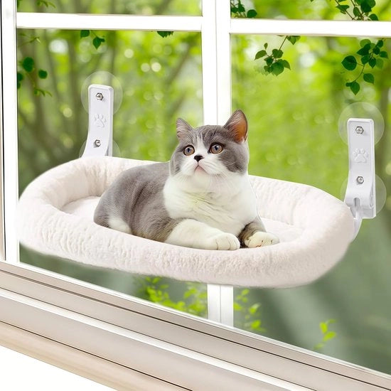 Sistema di appoggio per gatti senza fili, appoggio per gatti con zanzariere e cuscino di piuma removibile a doppia faccia, sistemazione per gatti per finestra e parete, fino a 15 kg, 30 x 52 cm, bianco