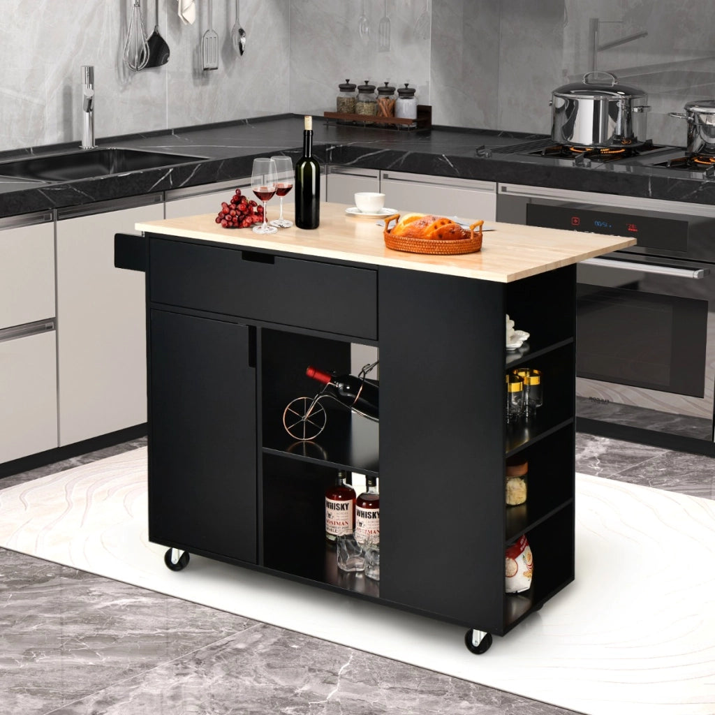 Carrello su ruote bloccabili con piano in legno di gomma cassetto, Isola da cucina a foglia a goccia Nero-Carrelli