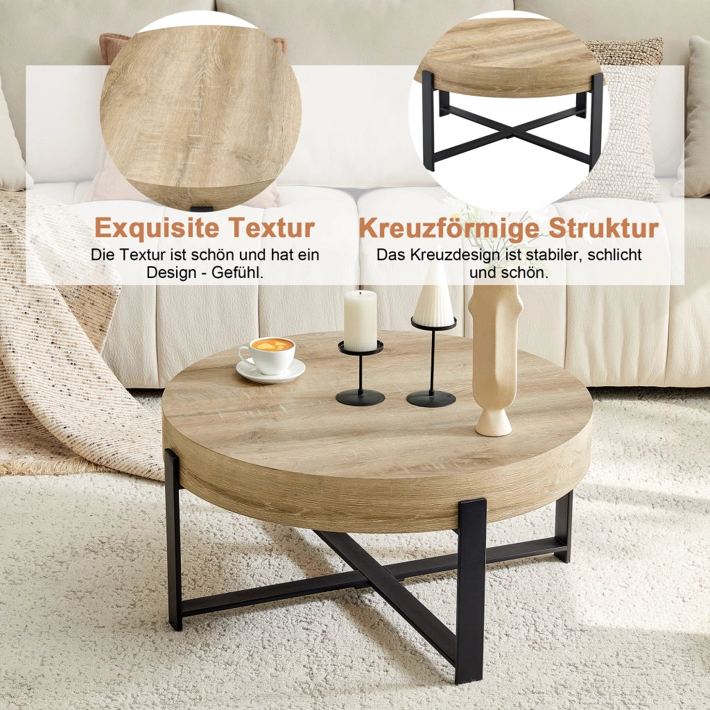 Tavolino da caffè rotondo con base a croce - per soggiorno o camera - 68 x 36 cm - nero e legno