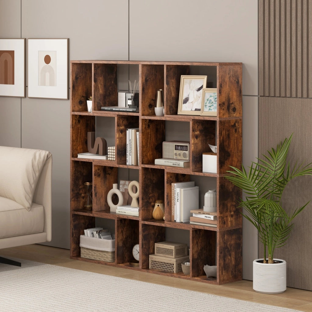 Libreria geometrica a 4 ripiani da 120cm-Organizzatore di stoccaggio moderno con 8 cubi in legno per soggiorno Marrone