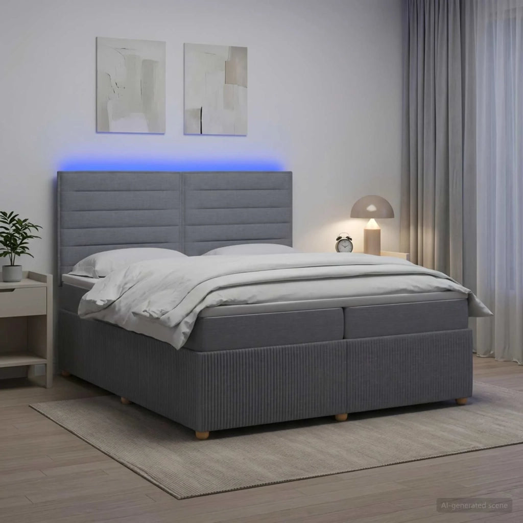 Letto Box Spring LED con Materasso Grigio Chiaro 200 x 200 cm 3455930
