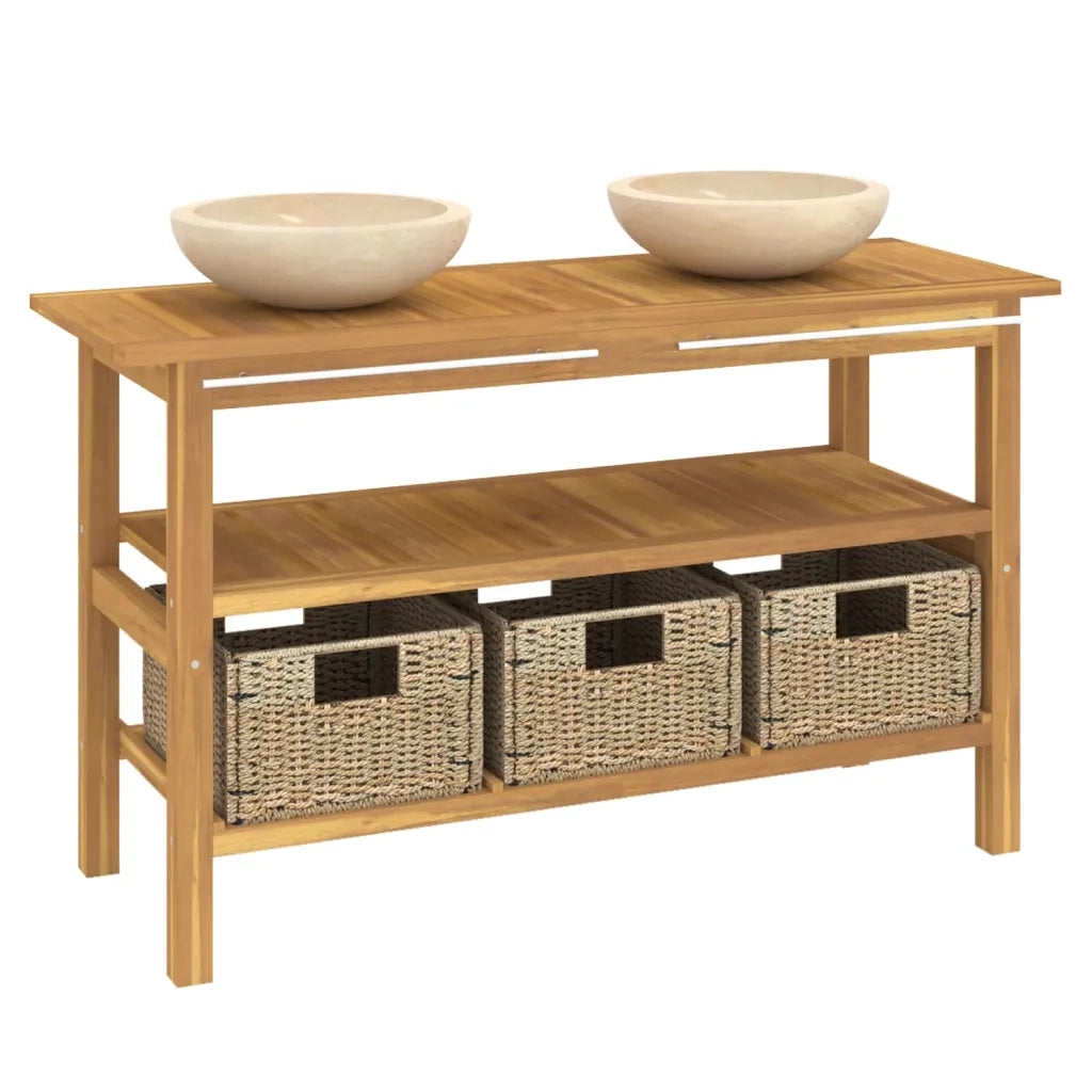 Mobile Vanità Bagno e Lavandini Marmo Crema Legno Massello Teak 3096587