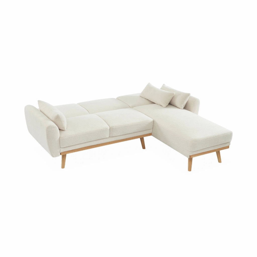 Divano letto angolare reversibile in tessuto bouclé, 3 posti, crema