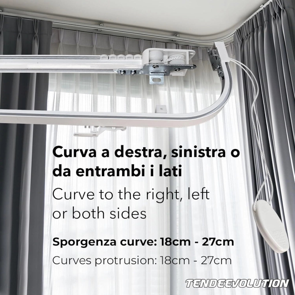 Binario Scorritenda da Parete in Alluminio Bianco, Curve Sporgenti 22cm, Movimento a Corda, Apertura Centrale CM lunghezza 320cm