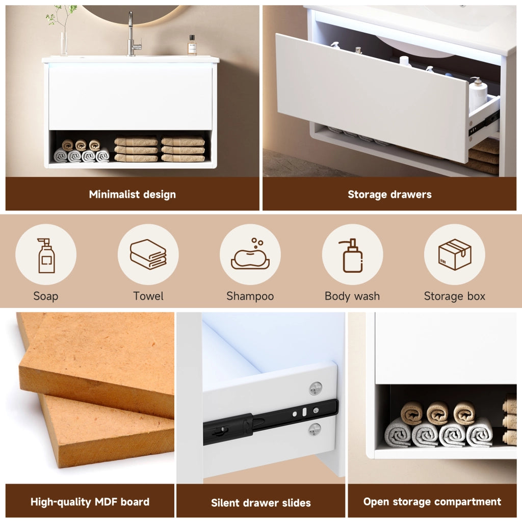 Mobile sottolavabo con LED, 1 cassetto e vano aperto, lavandino in ceramica, per bagno, bianco, 76.5 × 46 × 45 cm