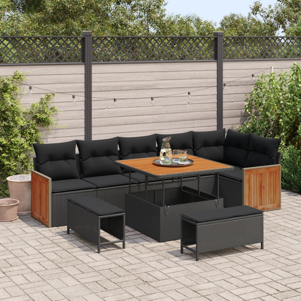 Set divano da giardino 9 pezzi con cuscini, rattan polietilene nero e acacia