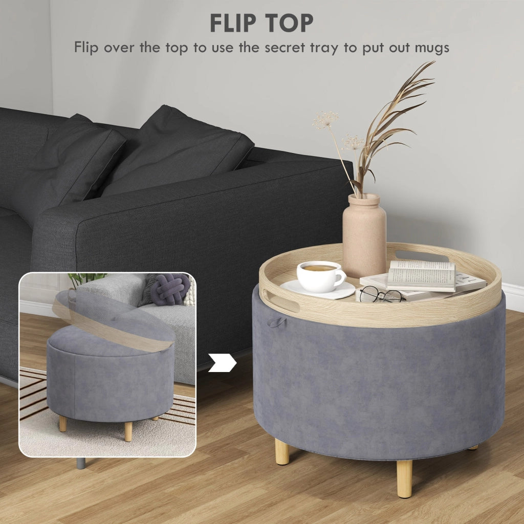 Pouf Contenitore Vellutato da 120 kg max 56x56x42 cm con Vassoio a Ribalta in MDF e Rovere Grigio