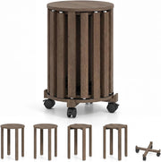 Set di 4 Sgabelli Impilabili 4 in 1, Sgabelli in Legno con Portavaso con Rotelle, 2 Grandi Ø36 cm e 2 Piccoli Ø35 cm, Tavolino Laterale Rotondo per Soggiorno e Camera da Letto (Marrone)