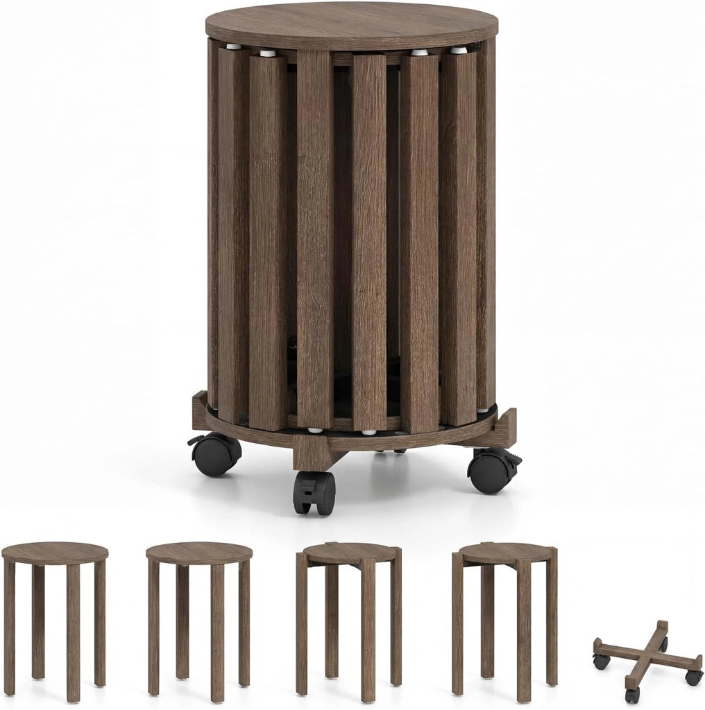 Set di 4 Sgabelli Impilabili 4 in 1, Sgabelli in Legno con Portavaso con Rotelle, 2 Grandi Ø36 cm e 2 Piccoli Ø35 cm, Tavolino Laterale Rotondo per Soggiorno e Camera da Letto (Marrone)