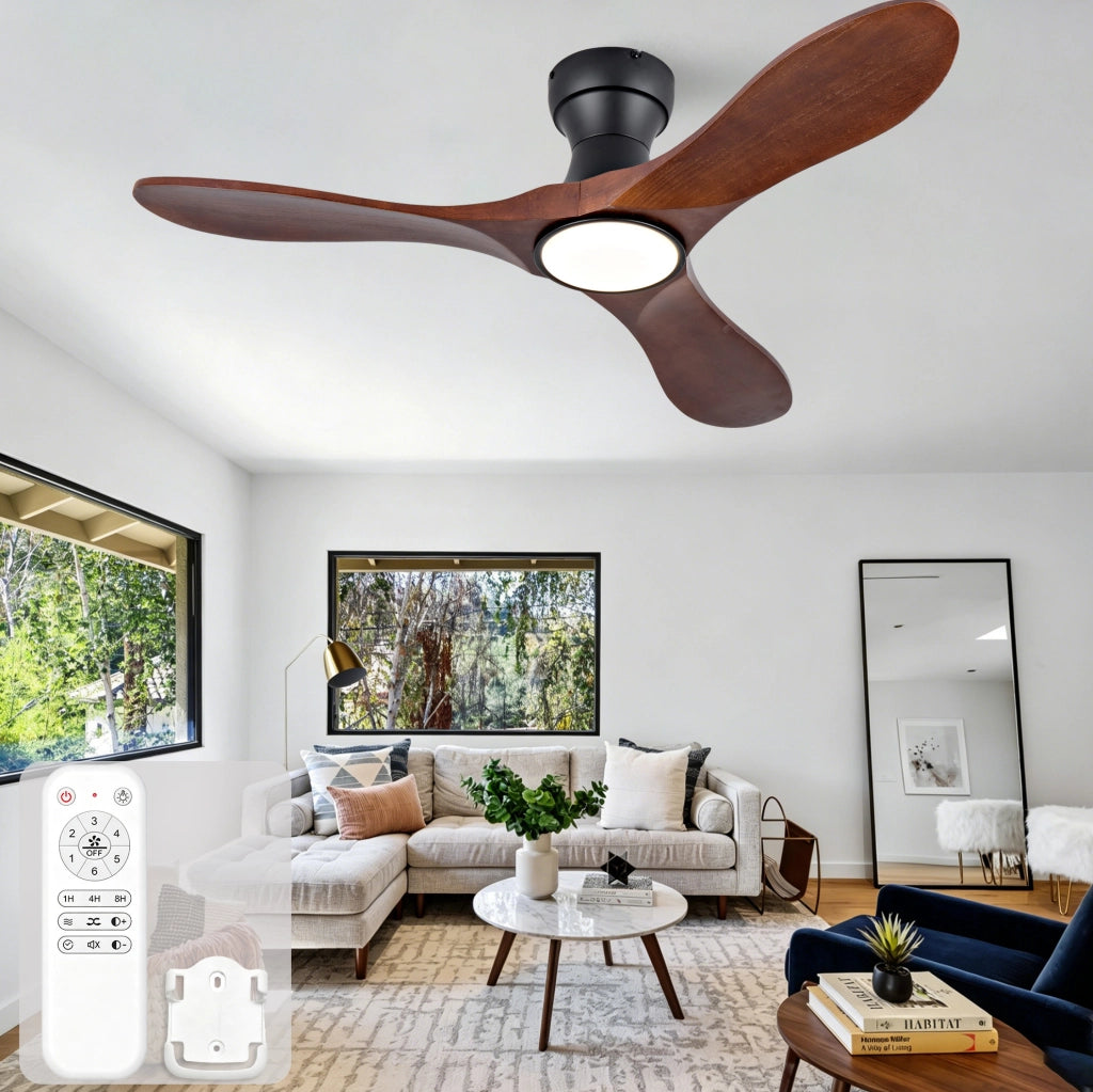 Ventilatore da soffitto LED 106×106×26,5 cm in metallo e legno nero –